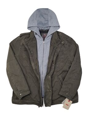 Levis Mens Olive Hooded Double Zip Hoodie Military Jacket - XXL Sherpa Lined NWT
